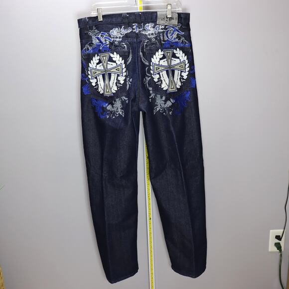Old Skool Dark Wash Embroidered Cross “Respect” Jeans Size 34 - Picture 2 of 4